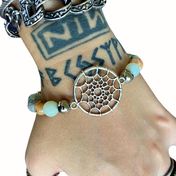 Amazonite gem beads silver dream catcher bracelet - Picture 8 of 11